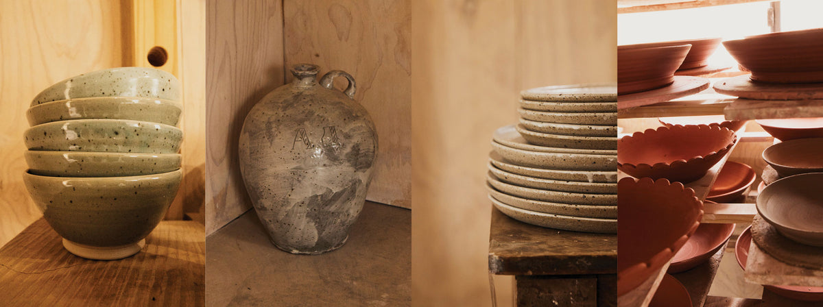 A four-panel collage showcasing handmade ceramic pottery, including stacked bowls, a rustic jug, a stack of plates, and terracotta-colored bowls, displayed in warm wooden interiors.