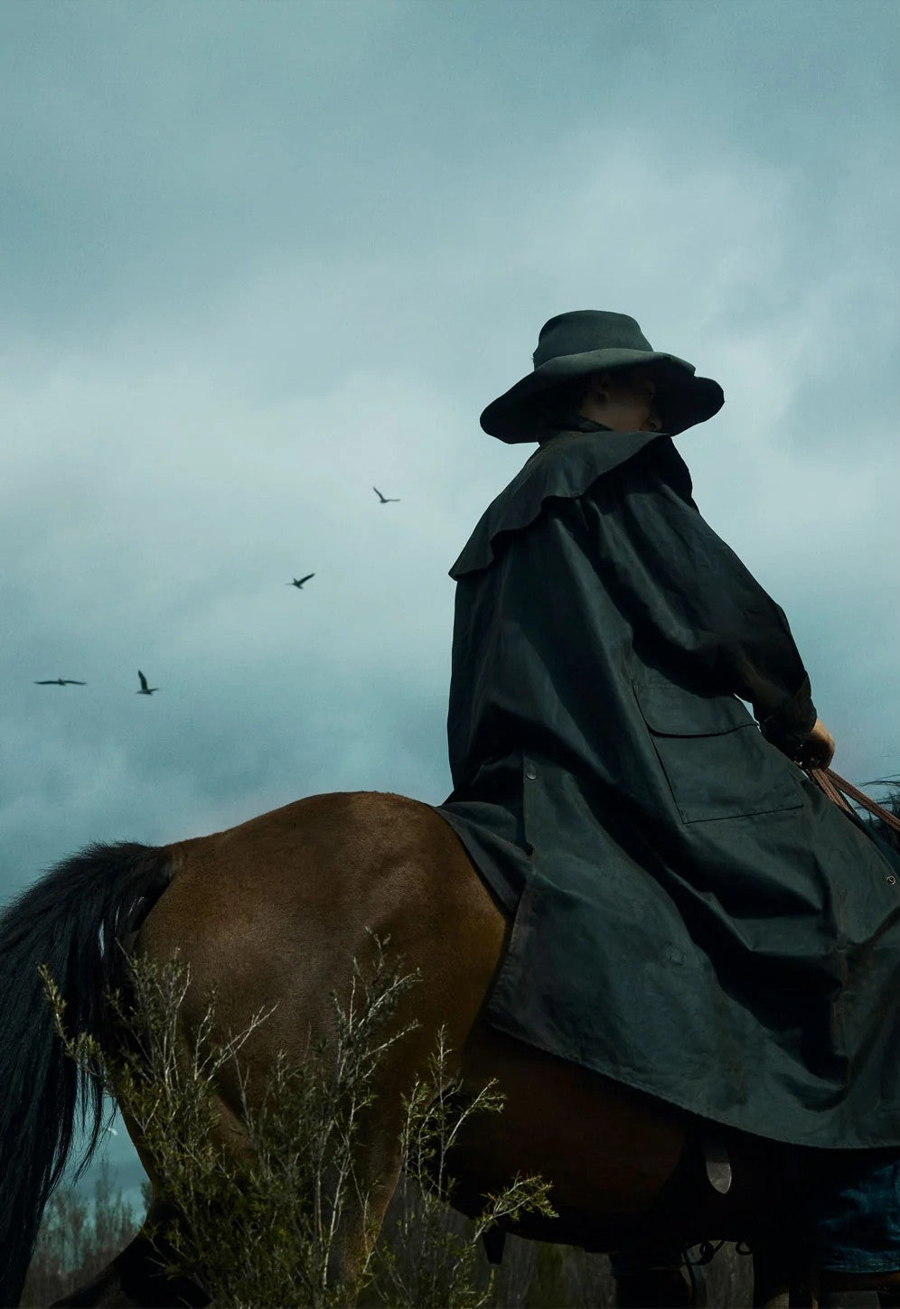 A person in a wide-brimmed black hat and the Driza-Bone Rider Coat rides a brown horse against a cloudy gray sky, with birds visible in the distance.