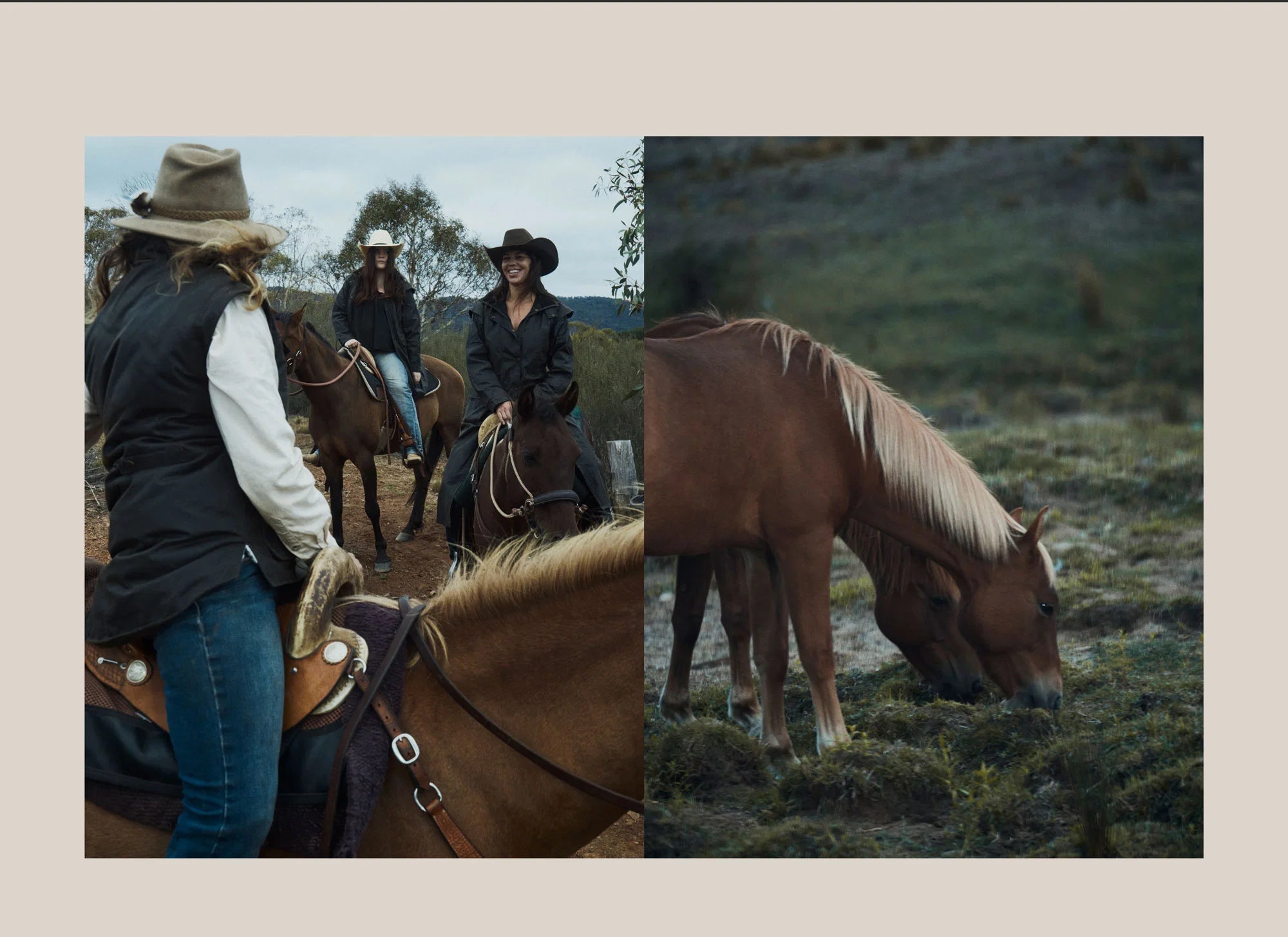 Three people on horseback with a horse grazing in a field.