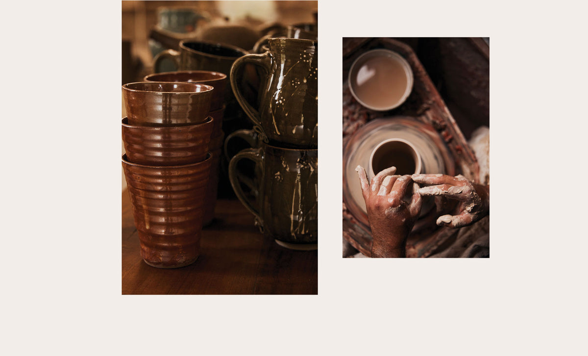 A split-panel collage showing handmade ceramic mugs on the left and a close-up of hands shaping clay on a pottery wheel on the right, set against a light beige background.