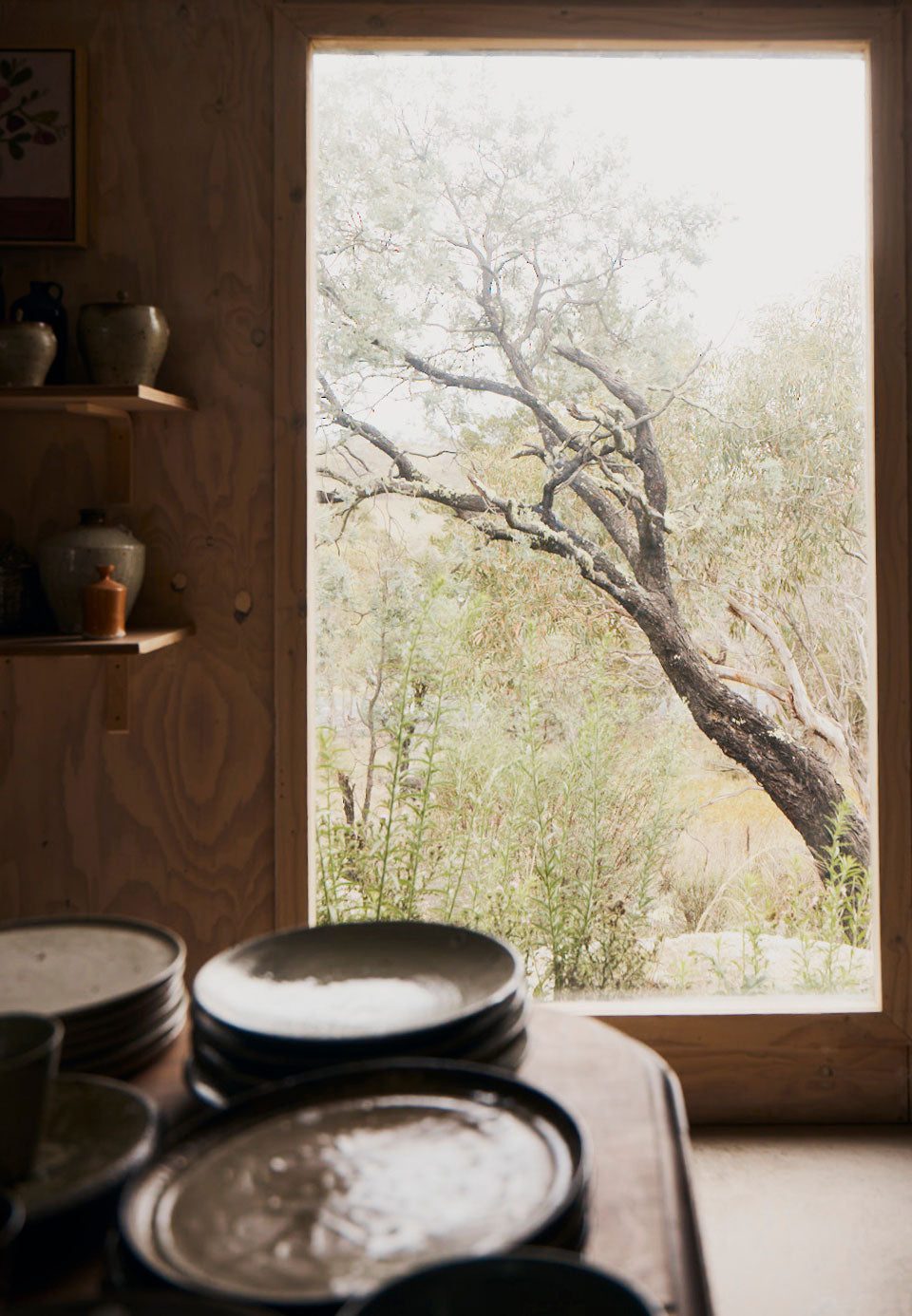 A rustic interior scene with stacked ceramic plates on a table in the foreground and shelves with pottery on the left, framed by a large window looking out onto a tree-filled outdoor landscape.