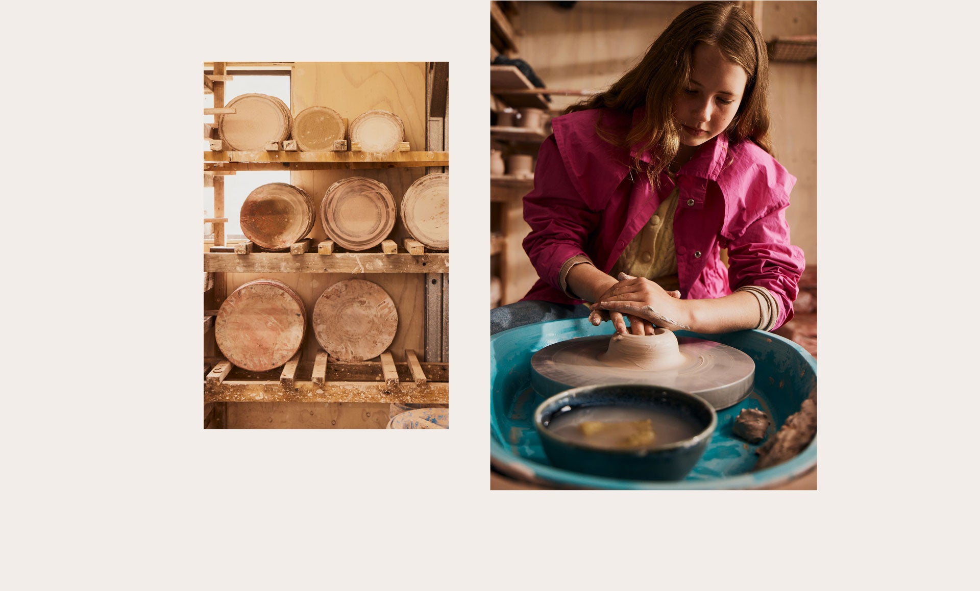 A split image showing handmade clay pottery on the left and a young girl in the Driza-Bone Women's Lightweight Ranger Coat in Pink, shaping clay at a pottery wheel on the right, set against a light beige background.