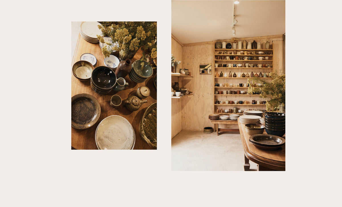 A split-screen collage showing a rustic collection of handmade ceramic tableware on a wooden table, and a warm interior room with wooden shelves displaying many ceramic vessels.