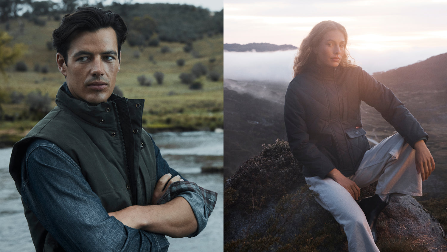 A split-screen lifestyle image showing two models wearing a dark olive green quilted puffer vest over a blue shirt in an outdoor setting. The left model stands by a river with hills in the background, and the right model sits on a rock in a misty mountain landscape during sunrise.