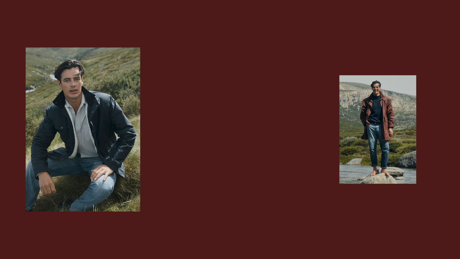 FATHER'S DAY 20% OFF SITEWIDE*
A dark red background with two inset lifestyle photos of a man outdoors. The larger photo on the left shows him crouching in a grassy landscape wearing a black leather jacket over a white shirt and blue jeans.