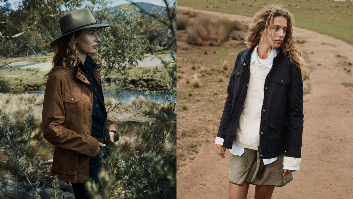 A split-screen lifestyle image showing two women outdoors in different styled outfits. The left model wears a brown jacket, a dark shirt, and a wide-brimmed olive hat near a river and trees.